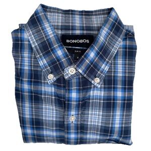 Bonobos Mens Blue Cotton Plaid Long Sleeve Button-Up Slim Fit Shirt Medium, EUC